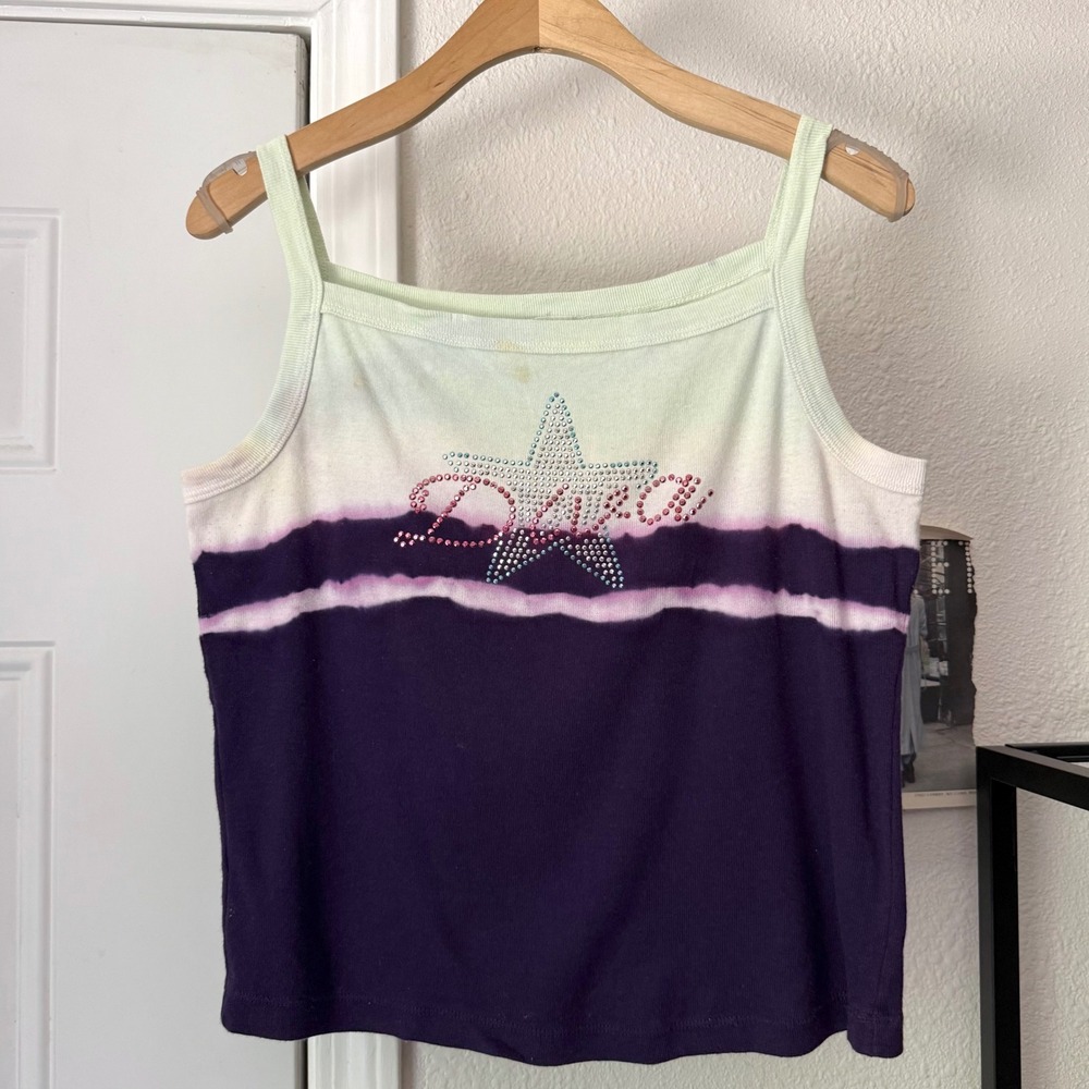 NO LABEL y2k sage purple tie dip dye rhine stone star square cropped tank‎ top